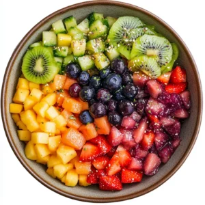 rainbow fruit salad with honey lime dressing