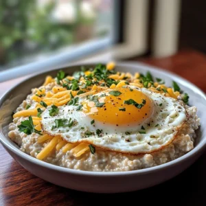 savory oatmeal with cheddar cheese and fried egg