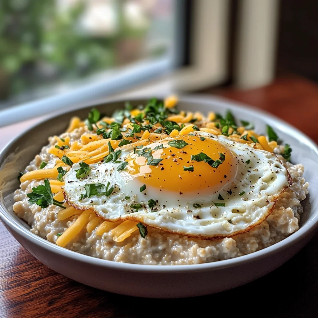 savory oatmeal with cheddar cheese and fried egg